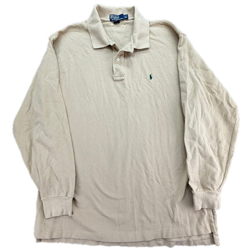 Polo Ralph Lauren Mens XLT Tall Beige Tan Long Sleeve Pique Polo Shirt Logo